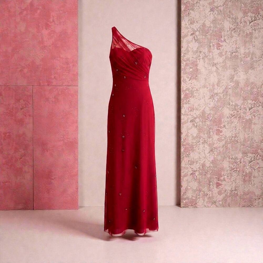BCBG Maxazria Collection one-shoulder evening gown, polyester/spandex beaded